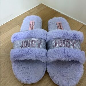 Juicy Couture Lilac Fuzzy Slide Slippers with Rhinestone JUICY Band